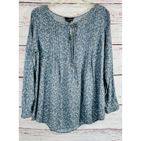 Suzanne Betro Blue Floral Long Sleeve Boho Blouse Womens XL Lightweight Rayon To - Picture 3 of 9